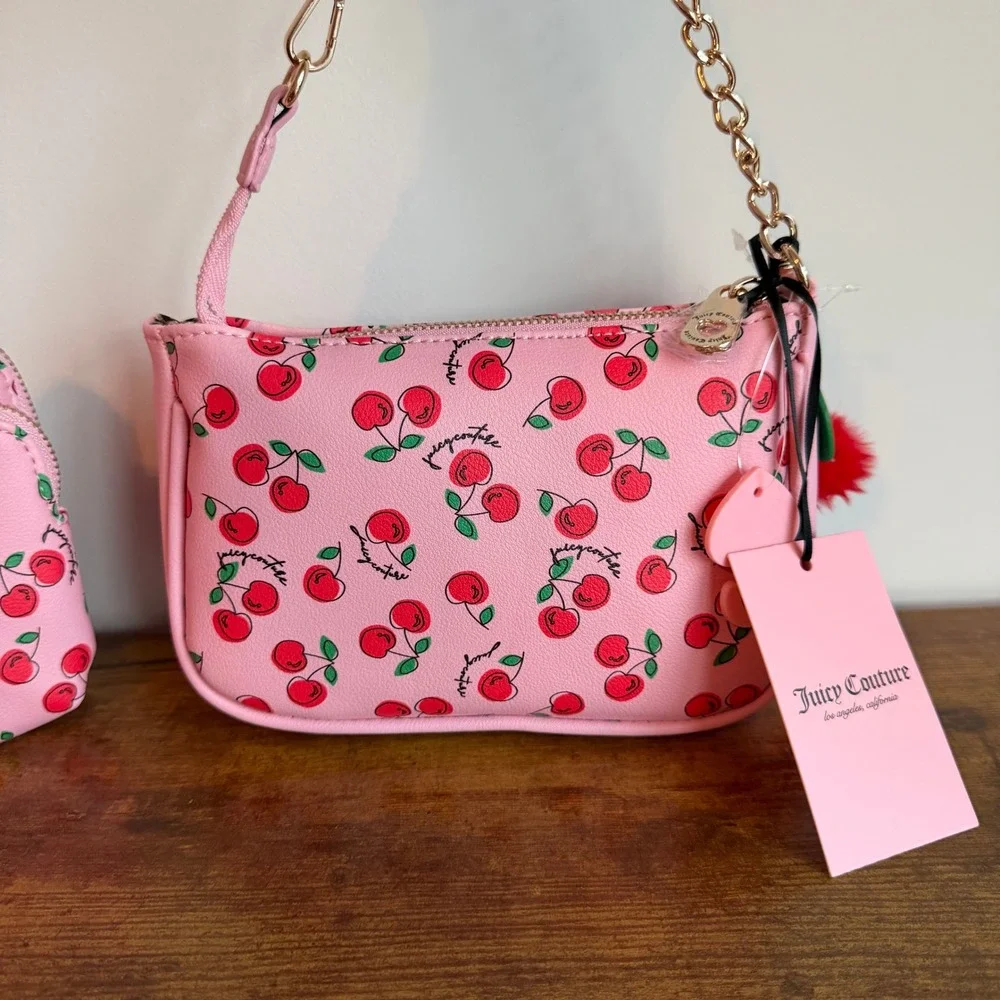 New Juicy Couture Cherry Girl Pink red Wristlet Wallet Clutch Set Mini Handbag